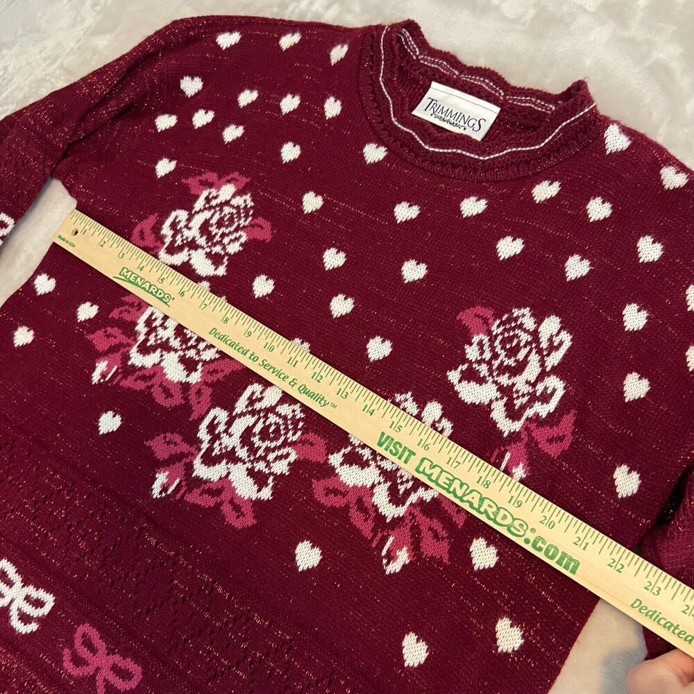 VTG Trimmings Sweater Womens 18 Red Floral Heart Knit Grandma Feminine Romantic‎ - Picture 9 of 13
